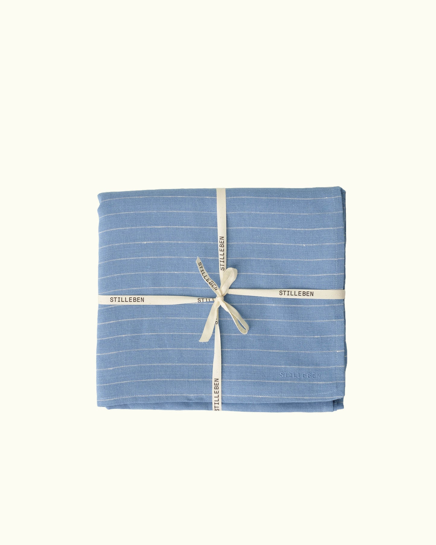striped tablecloth in blue & limestone