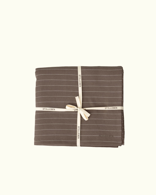 striped tablecloth in brown & limestone